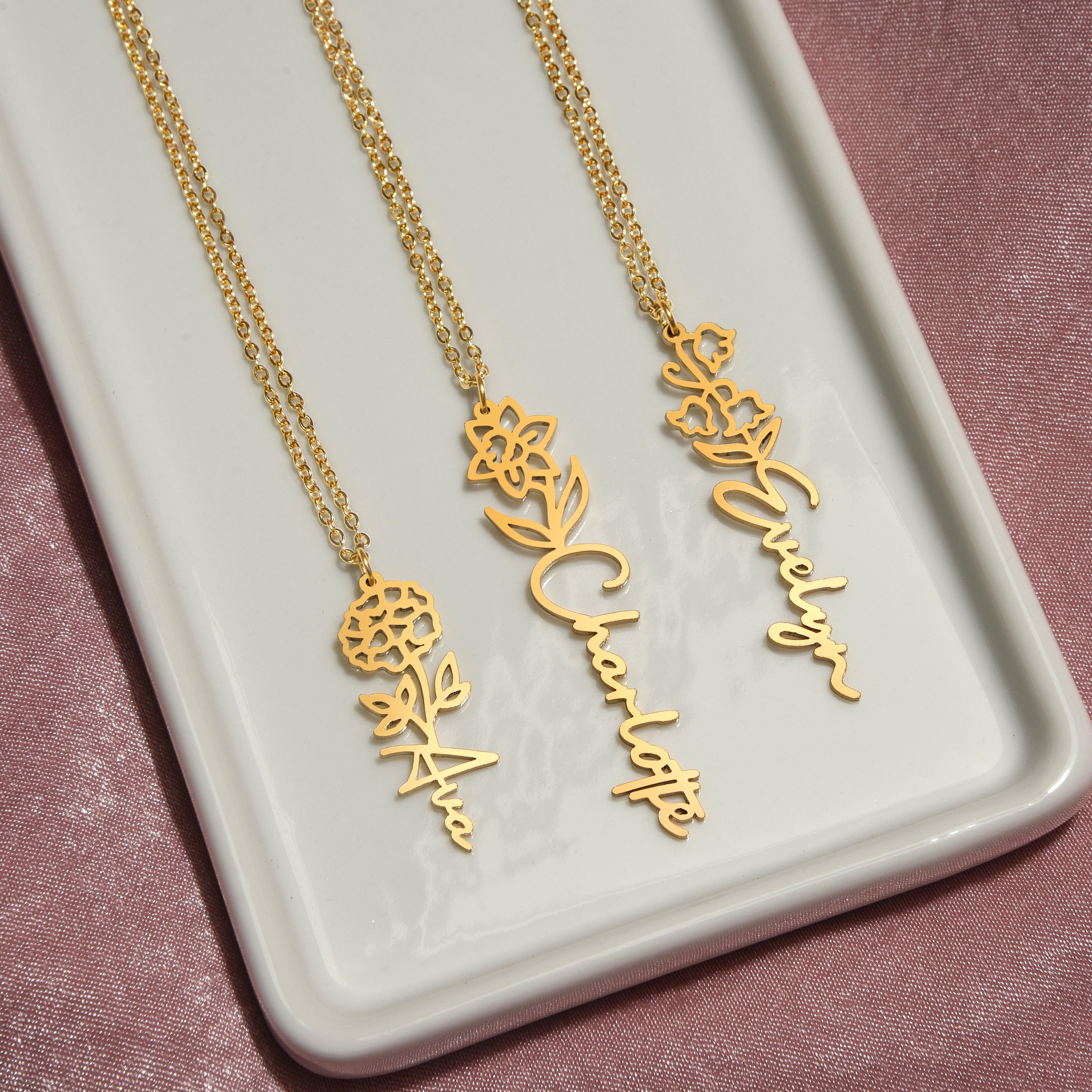 Personalized Name Necklace with Birth Flower